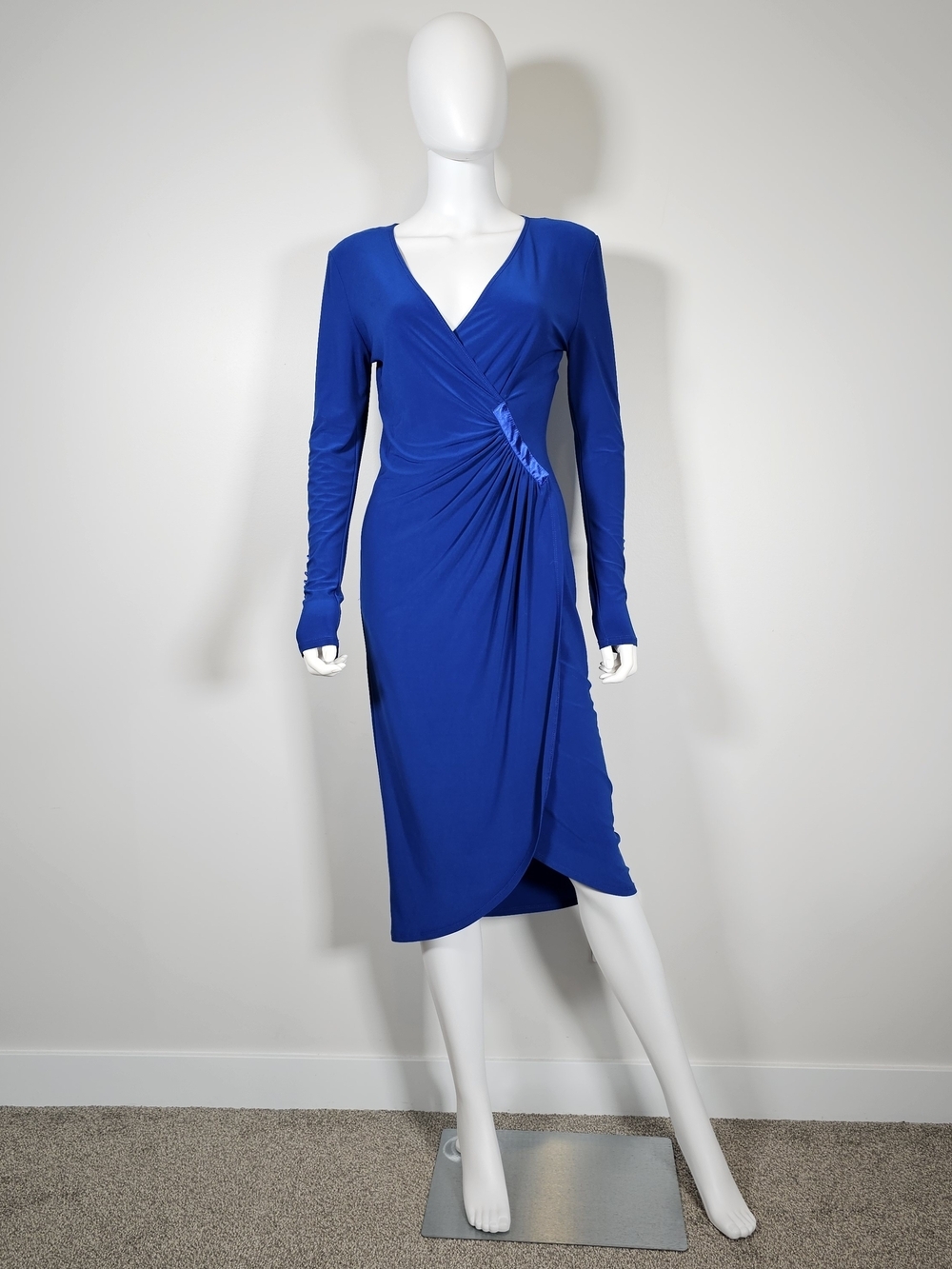 Joseph Ribkoff V-Neck Long Sleeve Draped Dress in Cobalt Blue Sz 8